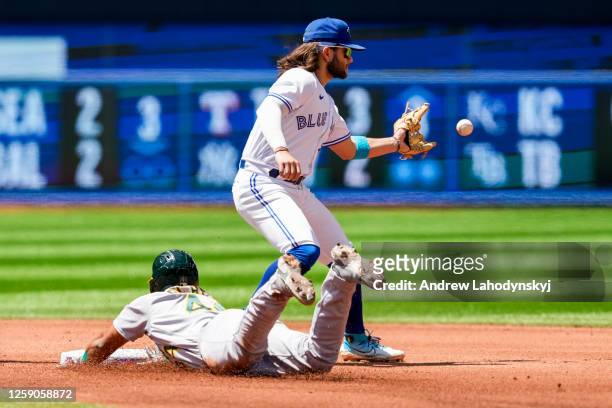 Carlos Perez of the Oakland Athletics slides into second base as Bo Bichette of the Toronto Blue Jays attempts to make the catch during the fourth...