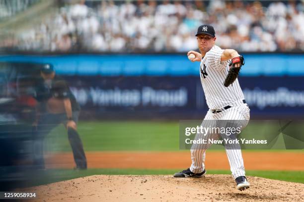 June 25: Gerrit Cole of the New York Yankees pitches during a game against the Texas Rangers at Yankee Stadium on June 25 in New York, New York.