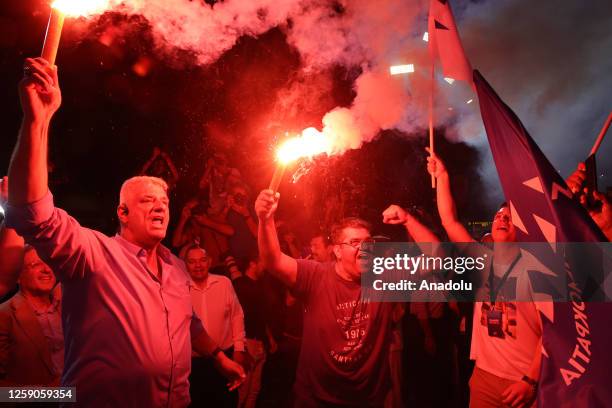 Supporters of New Democracy party celebrate in front of party headquarters on June 25, 2023 in Athens, Greece. In Greeceâs general elections, the...