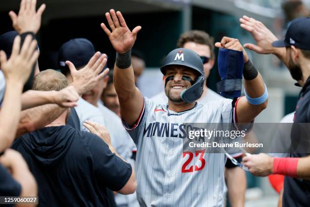 Royce Lewis of the Minnesota Twins celebrates after scoring against the Detroit Tigers during the 10th inning at Comerica Park on June 25, 2023 in...