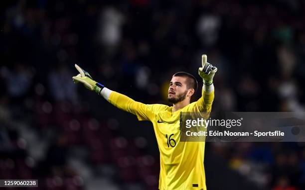 Lucas Chevalier of France celebrates his side's first goal during the UEFA Under-21 EURO 2023 Finals Group D match between Norway and France at the...