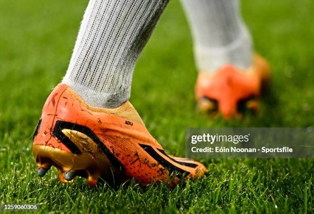 Detailed view of the boots worn by Amine Adli of France during the UEFA Under-21 EURO 2023 Finals Group D match between Norway and France at the CFR...