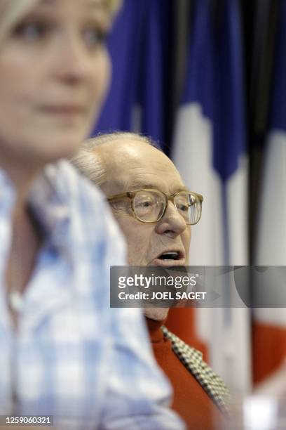 French far-right party Front National president and vice-president, Jean-Marie Le Pen and his daughter Marine give a press conference on March 23,...