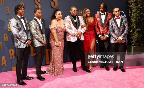 Rapper Busta Rhymes and his children arrive for the 2023 BET awards at the Microsoft theatre in Los Angeles, June 25, 2023.