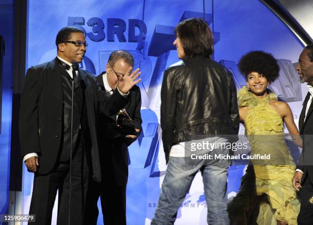 Herbie Hancock , Jeff Beck and Esperanza Spalding onstage during The 53rd Annual GRAMMY Awards Pre-Telecast held at the Los Angeles Convention Center...
