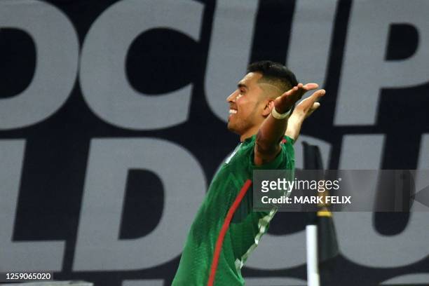 Mexico's midfielder Orbelin Pineda celebrates scoring his team's third goal during the Concacaf 2023 Gold Cup Group B football match between Mexico...