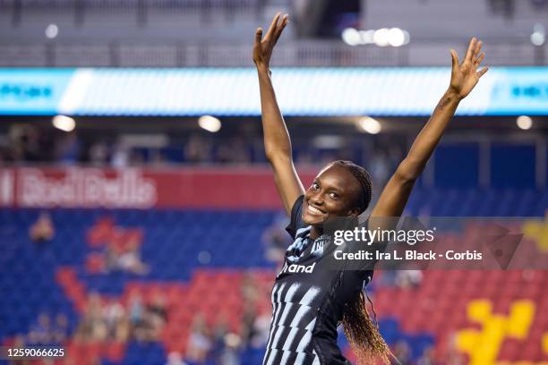Ifeoma Onumonu of NJ/NY Gotham FC who will be representing the Nigeria waves to the crowd during the 2023 FIFA World Cup Send Off winning the...