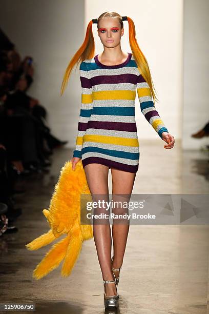 Model walks the runway at the Jeremy Scott Fall 2011 fashion show during Mercedes-Benz Fashion Week at Milk Studios on February 16, 2011 in New York...