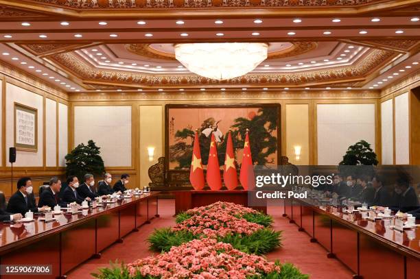 Vietnam's Prime Minister Pham Minh Chinh speaks during a meeting with Chinese Premier Li Qiang in the Great Hall of the People on June 26, 2023 in...