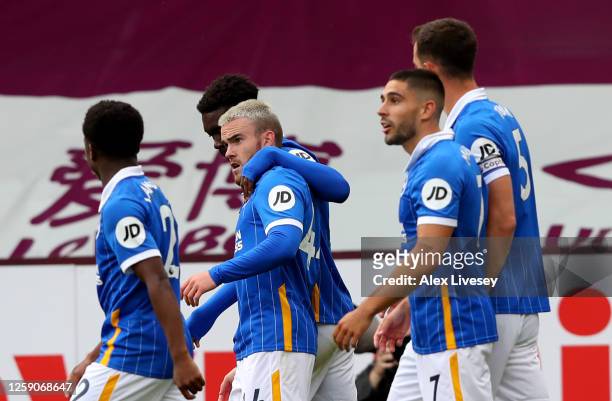 Aaron Connolly of Brighton and Hove Albion celebrates scoring his sides second goal during the Premier League match between Burnley FC and Brighton &...