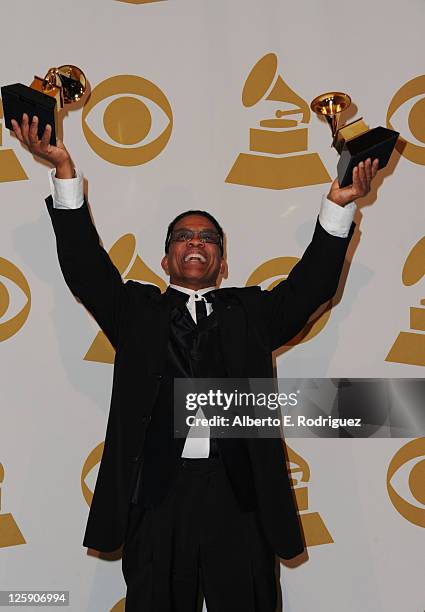 Musician Herbie Hancock poses in the press room at The 53rd Annual GRAMMY Awards held at Staples Center on February 13, 2011 in Los Angeles,...