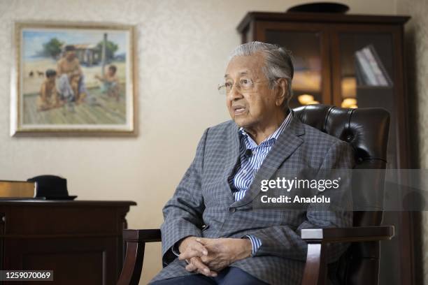 Former Malaysian Prime Minister Mahathir Mohamad speaks during an exclusive interview as he visits London within 26th anniversary of the D-8...