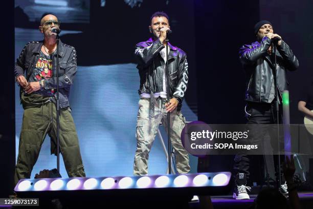 João Portugal , Carlos Ribeiro , and Fernando Melão perform live during a concert at the Super Bock Arena. First Portuguese boy band, Excesso,...