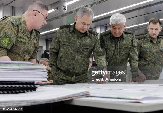 Russian Defense Minister Sergey Shoygu visits the forward command post of the country's West group of forces on June 26, 2023.Shoygu heard a report...