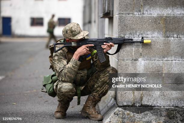 Ukraine Army recruit takes part in a training session called "The battle of Innoculation training" with members of Britain's and other international...