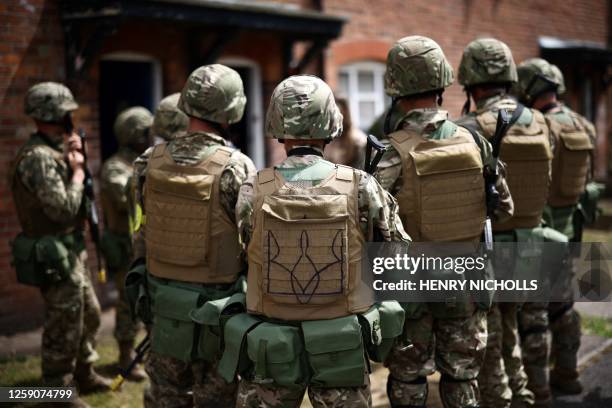 Ukraine Army recruits take part in a training session called "The battle of Innoculation training" with members of Britain's and other international...