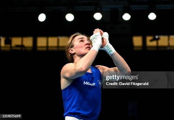 Nowy Targ , Poland - 26 June 2023; Kellie Harrington of Ireland celebrates after defeating Elida Kocharyan of Armenia in the Women's 60kg Round of 16...