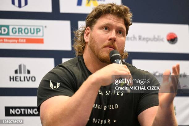 Shot putter and discus thrower Ryan Crouser addresses a press conference in Ostrava, Czech Republic on June 26 on the eve of the IAAF 61st Golden...