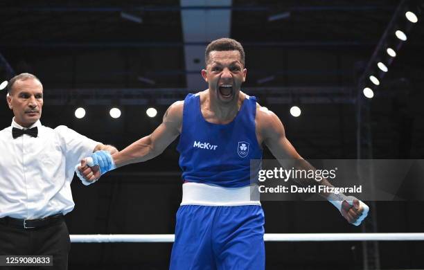 Nowy Targ , Poland - 26 June 2023; Kelyn Cassidy of Ireland celebrates as he is declared victorious over Taylor Jay Bevan of Great Britain after...