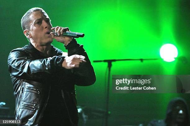 Rapper Eminem performs onstage during The 53rd Annual GRAMMY Awards held at Staples Center on February 13, 2011 in Los Angeles, California.