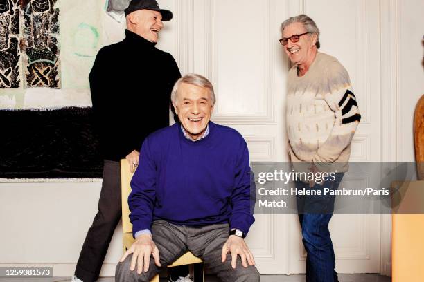 Singer Salvatore Adamo is photographed for Paris Match at home with Gaetan Roussel and actor Daniel Auteuil on March 6, 2023 in Paris, France....