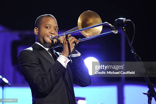 Musician Troy "Trombone Shorty" Andrews onstage during The 53rd Annual GRAMMY Awards Pre-Telecast held at the Los Angeles Convention Center on...