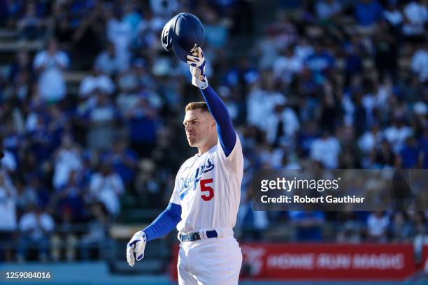 Los Angeles, CA, Sunday, June 25, 2023 - Los Angeles Dodgers first baseman Freddie Freeman acknowledges the crowd after hitting a double in the 8th...