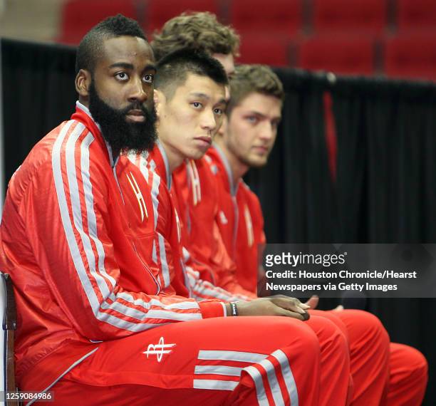 The Houston Rockets All-Star game nominees James Harden left, Jeremy Lin and Chandler Parson during the unveiling the official 2013 NBA All-Star...