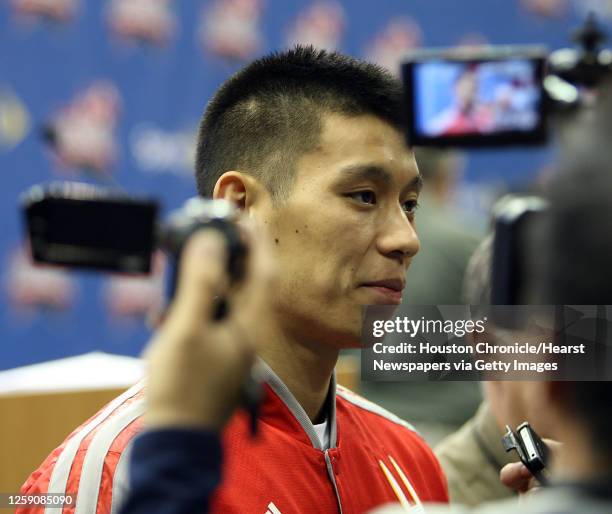 The Houston Rockets All-Star game nominee Jeremy Lin speaks with the media during the unveiling the official 2013 NBA All-Star Ballot presented by...