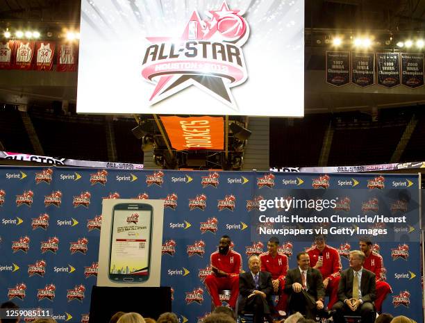 The Houston Rockets All-Star game nominees from left rear, James Harden, Jeremy Lin, Omer Asik and Chandler Parsons: from front left, Rockets Owner...