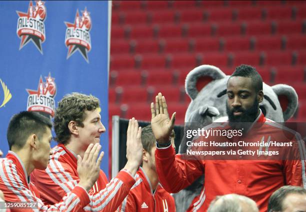 The Houston Rockets All-Star game nominees Jeremy Lin left, Omer Asik and James Harden during the unveiling the official 2013 NBA All-Star Ballot...