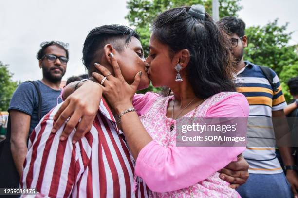 Two activists seen kissing each other during the pride parade in Kolkata. The LGBTQ community people organized a Pride Walk on the occasion of Pride...