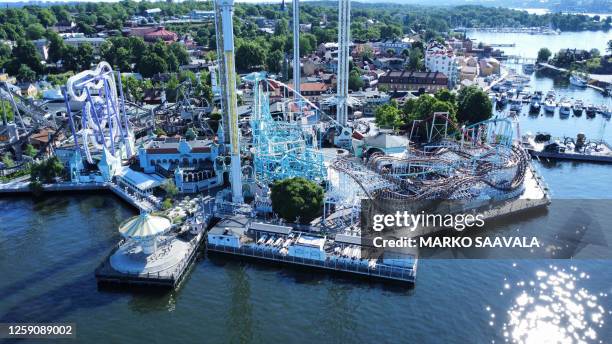 This aerial view taken on June 26, 2023 shows the Jetline rollercoaster one day after the rollercoaster derailed at the Grona Lund amusement park in...