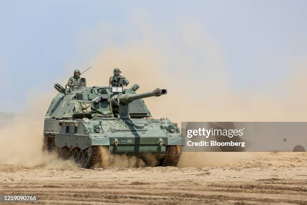 Lithuanian army Panzerhaubitze 2000 armored vehicle during NATO exercise Griffin Storm at Camp Adrian Rohn in Pabrade, Lithuania, on Monday, June 26,...