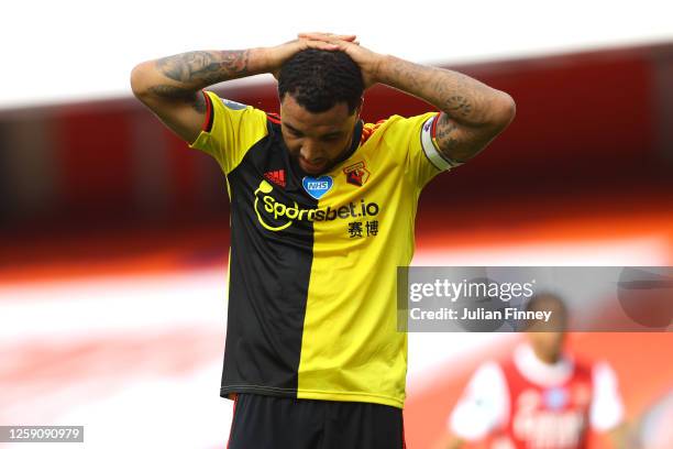 Troy Deeney of Watford reacts during the Premier League match between Arsenal FC and Watford FC at Emirates Stadium on July 26, 2020 in London,...