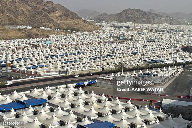 General view shows tents housing Muslims pilgrims in Mina, near Islam's holy city of Mecca, on June 26, 2023 during the annual Hajj pilgrimage.