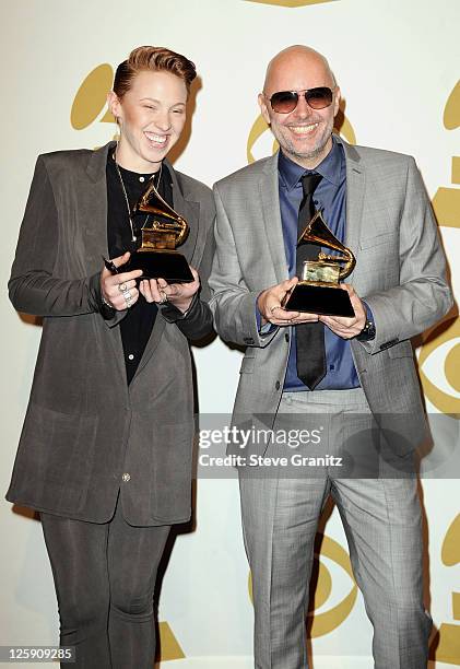 Musicians Elly Jackson and Ben Langmaid from the band La Roux pose in the press room at The 53rd Annual GRAMMY Awards held at Staples Center on...