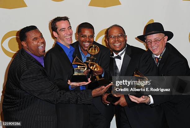 Musicians Roy 'Chubby' Carrier, Randy Ellis. Earl Sally, Randy Kelly and Jose Sanchez of Chubby Carrier And The Bayou Swamp Band pose in the press...