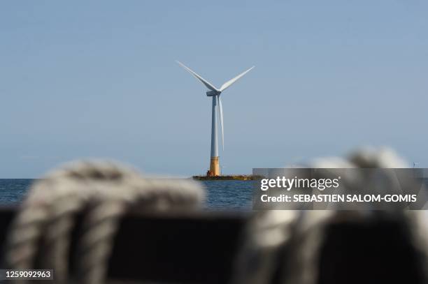 This photograph shows Floatgen floating wind turbine at the SEM-REV experimentation site off Le Croisic, western France, on June 26, 2023.