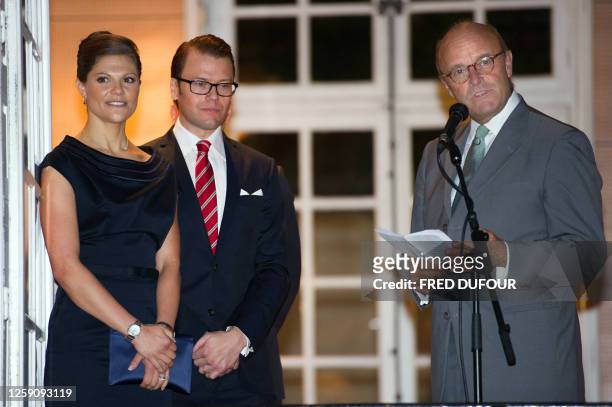 Sweden ambassador in France Gunnar Lund delivers a speech after Crown Princess Victoria of Sweden and her husband Prince Daniel arrived for a...