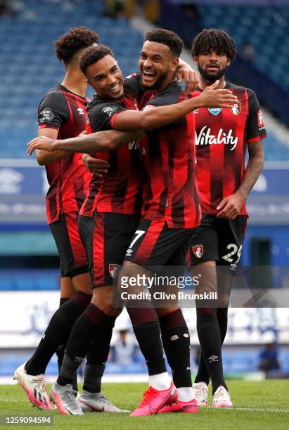 Junior Stanislas of AFC Bournemouth celebrates with teammate Joshua King after scoring his team's third goal during the Premier League match between...