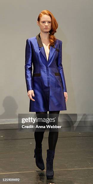 Model poses during the Yuna Yang Fall 2011 presentation during Mercedes-Benz Fashion Week at The Alvin Ailey Citigroup Theater on February 13, 2011...