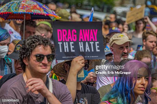 Participant seen holding a sign at the march. Thousands of New Yorkers took to the streets of Manhattan to participate on the Reclaim Pride...