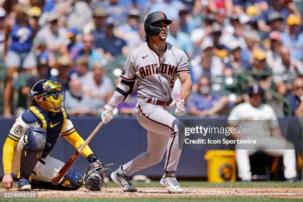Arizona Diamondbacks center fielder Alek Thomas bats during an MLB game against the Milwaukee Brewers on June 21, 2023 at American Family Field in...