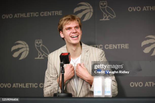 Gradey Dick of the Toronto Raptors is introduced to the media at OVO Athletic Centre on June 26, 2023 in Toronto, Ontario, Canada. NOTE TO USER: User...