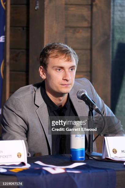 Hunter Tyson of the Denver Nuggets talks to the press on June 26, 2023 at Ball Arena in Denver, Colorado. NOTE TO USER: User expressly acknowledges...