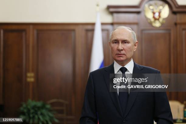 Russia's President Vladimir Putin addresses the nation in Moscow on June 26, 2023. Russian President Vladimir Putin said on June 26, 2023 that he...