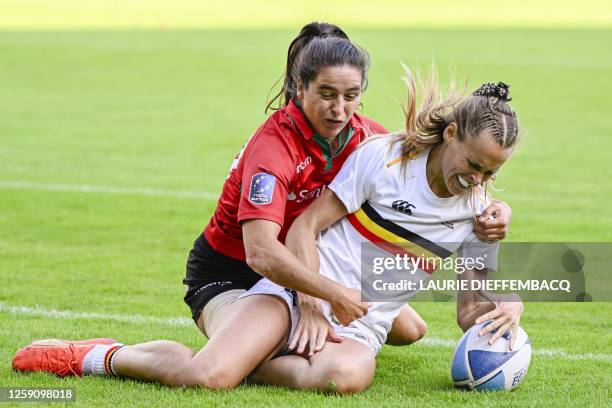 Belgium's Noemie Van De Poele pictured in action during a rugby match between Belgium and Portugal, the quarterfinals of the women's Rugby Sevens...