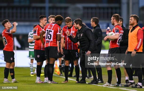Dublin , Ireland - 26 June 2023; Derry City manager Ruaidhrí Higgins speaking to his players during the SSE Airtricity Men's Premier Division match...