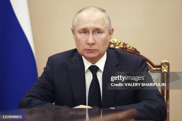 Russian President Vladimir Putin meets with the country's top security officials in Moscow on June 26, 2023. Russian President Vladimir Putin said on...